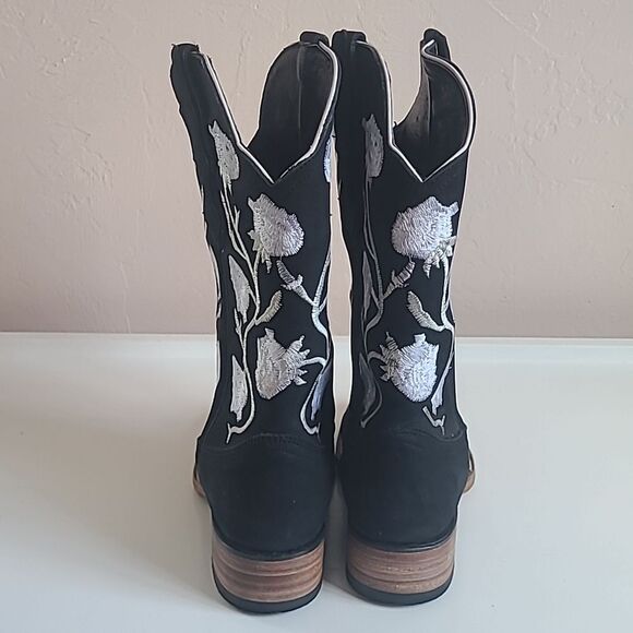 White Diamond Black Nubuck Leather White Flowers Square Toe Rodeo Boot Size 6.5 - Picture 5 of 16